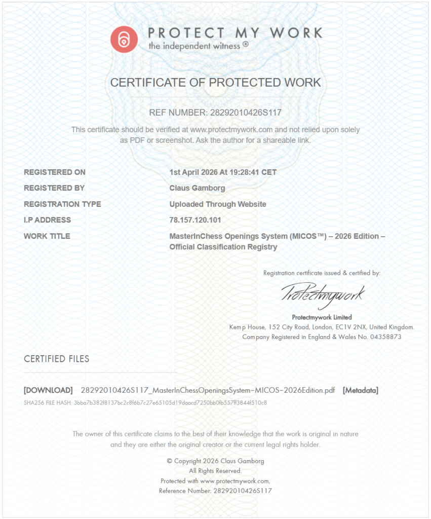 MICOS™ Copyright Protection 3 MasterInChess Openings System (MICOS™) – 2026 Edition – Official Classification Registry